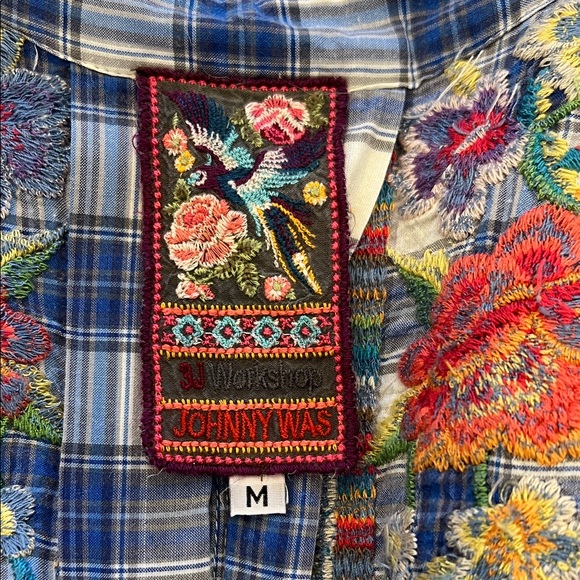 Johnny Was Plaid Floral Embroidered Button Front Top - Picture 8 of 10
